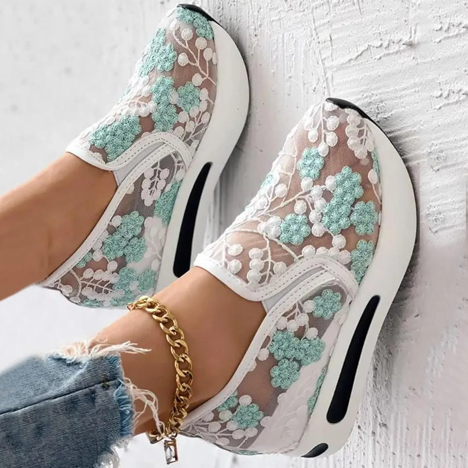 Platform Wedge Sneakers for Women Dressy Floral Embroidery Sheer Mesh Lace Sneakers Slip On Walking Shoes Loafers Breathable Workout Shoes