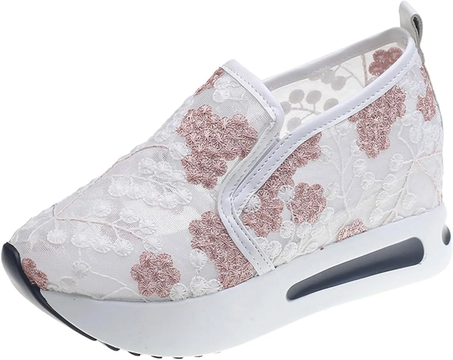 Platform Wedge Sneakers for Women Dressy Floral Embroidery Sheer Mesh Lace Sneakers Slip On Walking Shoes Loafers Breathable Workout Shoes