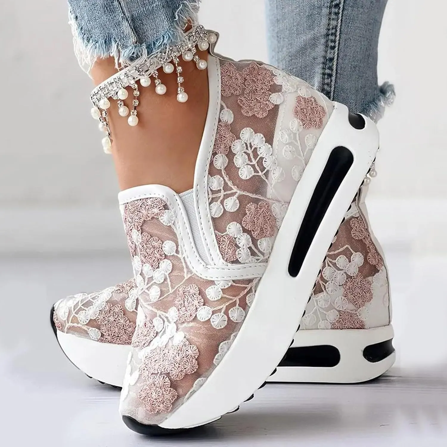 Platform Wedge Sneakers for Women Dressy Floral Embroidery Sheer Mesh Lace Sneakers Slip On Walking Shoes Loafers Breathable Workout Shoes