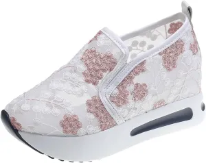 Platform Wedge Sneakers for Women Dressy Floral Embroidery Sheer Mesh Lace Sneakers Slip On Walking Shoes Loafers Breathable Workout Shoes