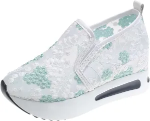 Platform Wedge Sneakers for Women Dressy Floral Embroidery Sheer Mesh Lace Sneakers Slip On Walking Shoes Loafers Breathable Workout Shoes