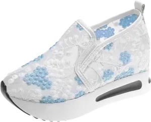 Platform Wedge Sneakers for Women Dressy Floral Embroidery Sheer Mesh Lace Sneakers Slip On Walking Shoes Loafers Breathable Workout Shoes