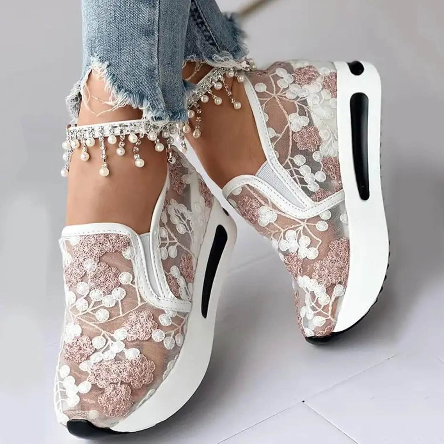 Platform Wedge Sneakers for Women Dressy Floral Embroidery Sheer Mesh Lace Sneakers Slip On Walking Shoes Loafers Breathable Workout Shoes