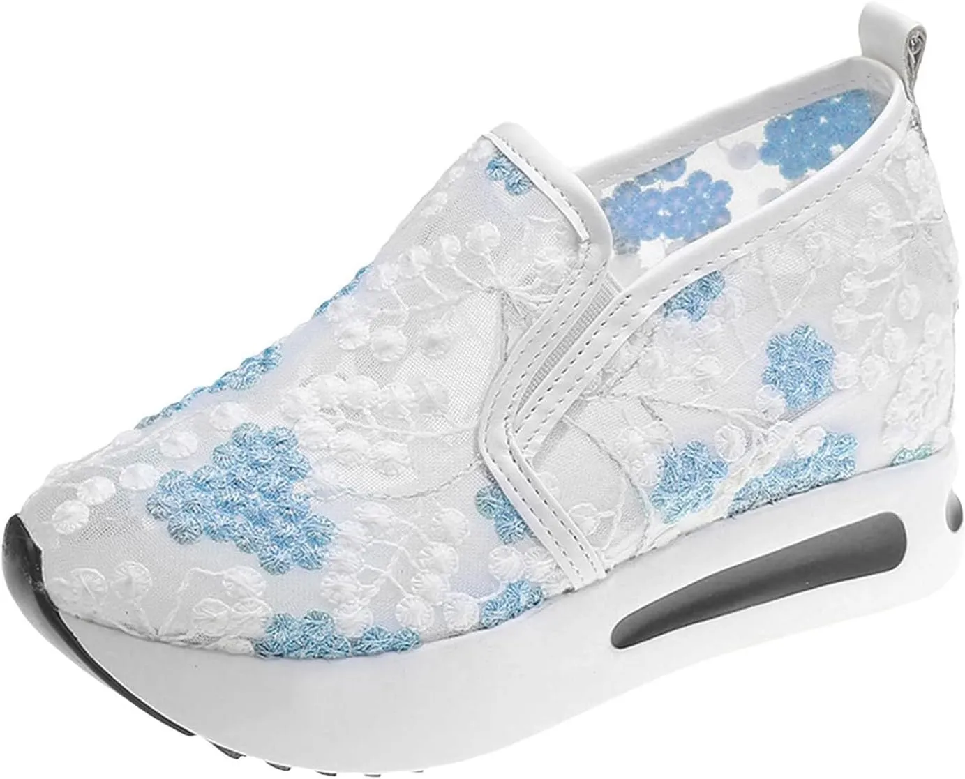 Platform Wedge Sneakers for Women Dressy Floral Embroidery Sheer Mesh Lace Sneakers Slip On Walking Shoes Loafers Breathable Workout Shoes