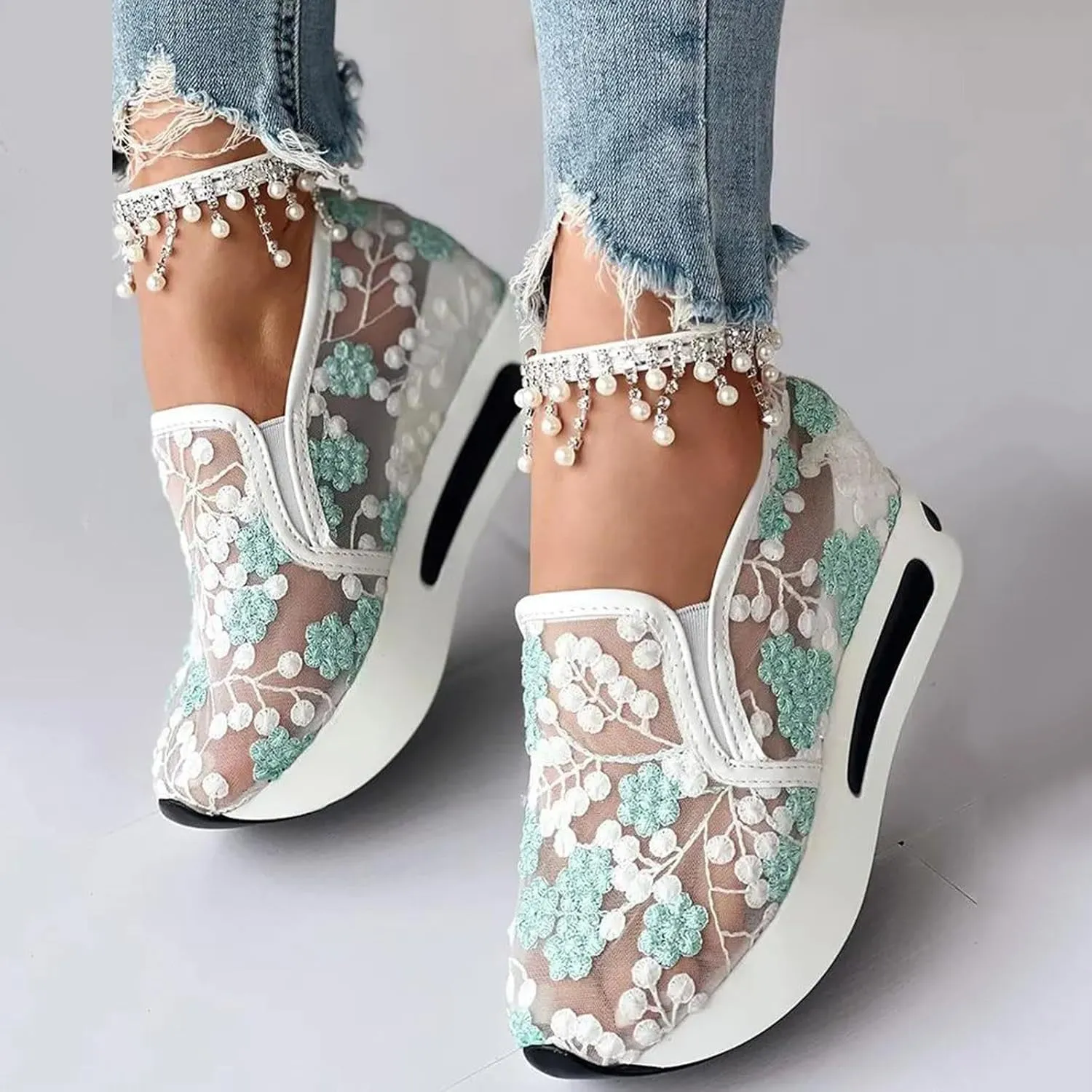 Platform Wedge Sneakers for Women Dressy Floral Embroidery Sheer Mesh Lace Sneakers Slip On Walking Shoes Loafers Breathable Workout Shoes