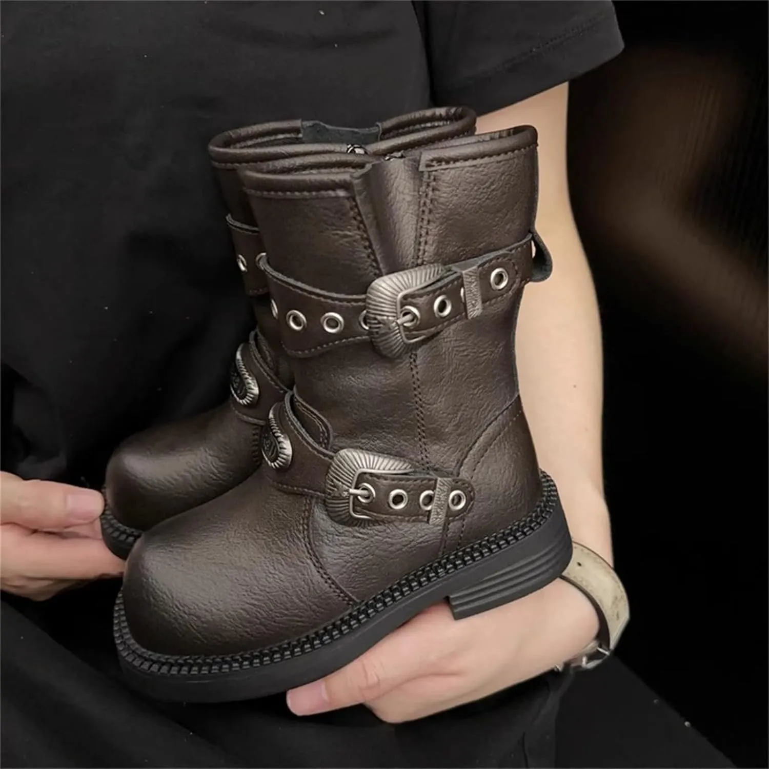 Retro Mid Calf Boots for Girls Big Kids Cowboy Shoes Classic Low Heel Buckles Biker Riding Booties with Zipper