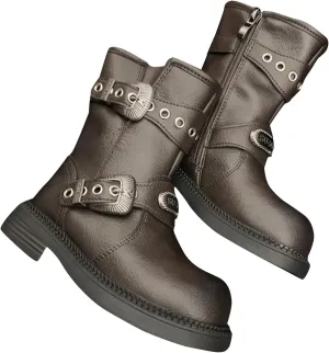 Retro Mid Calf Boots for Girls Big Kids Cowboy Shoes Classic Low Heel Buckles Biker Riding Booties with Zipper