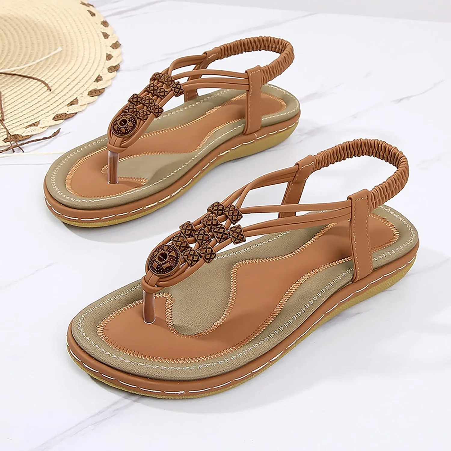 Sandals for Women Dressy Summer Beach Sandals Comfortable Bohemian Flats Sandal Elastic Ankle Strap Shoes