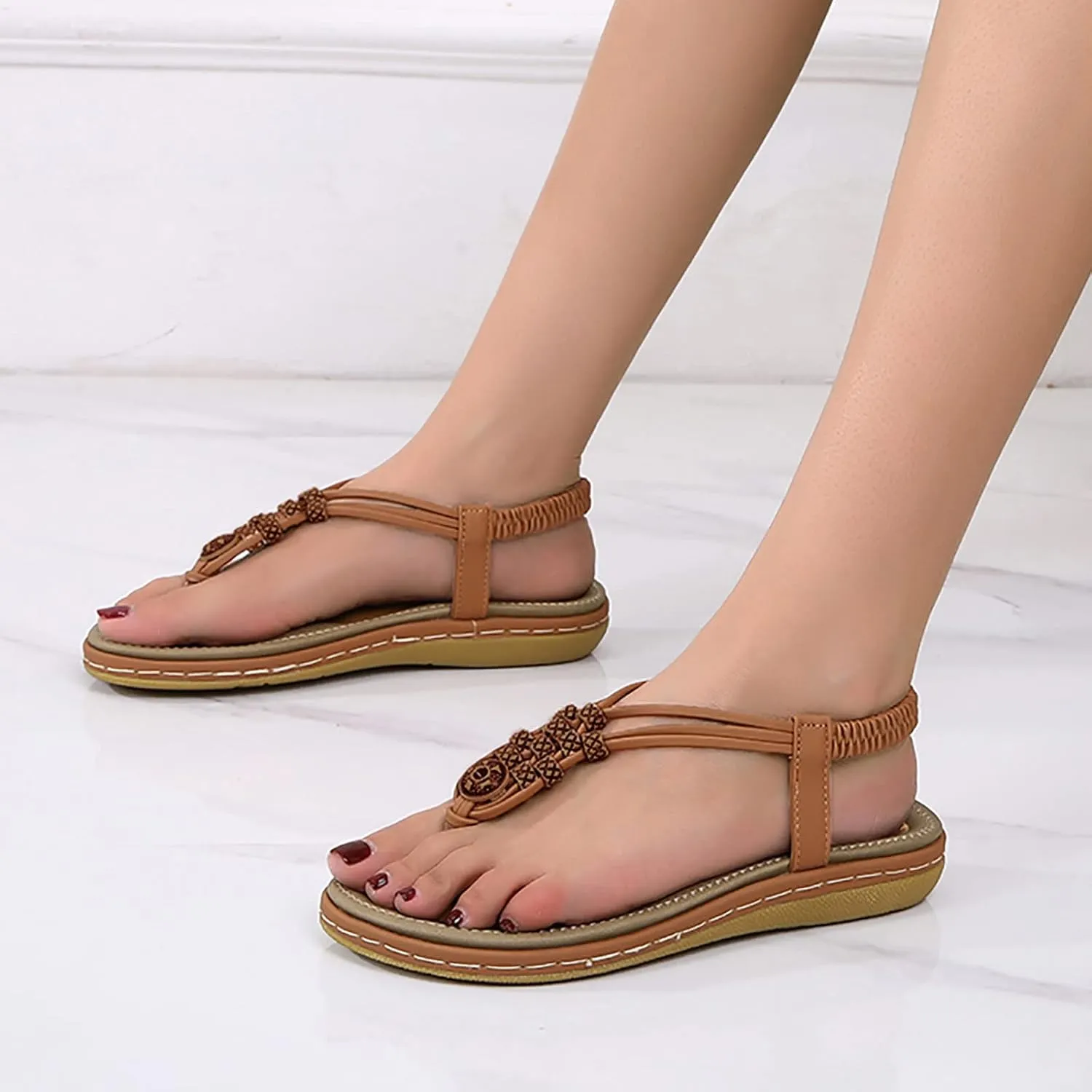 Sandals for Women Dressy Summer Beach Sandals Comfortable Bohemian Flats Sandal Elastic Ankle Strap Shoes