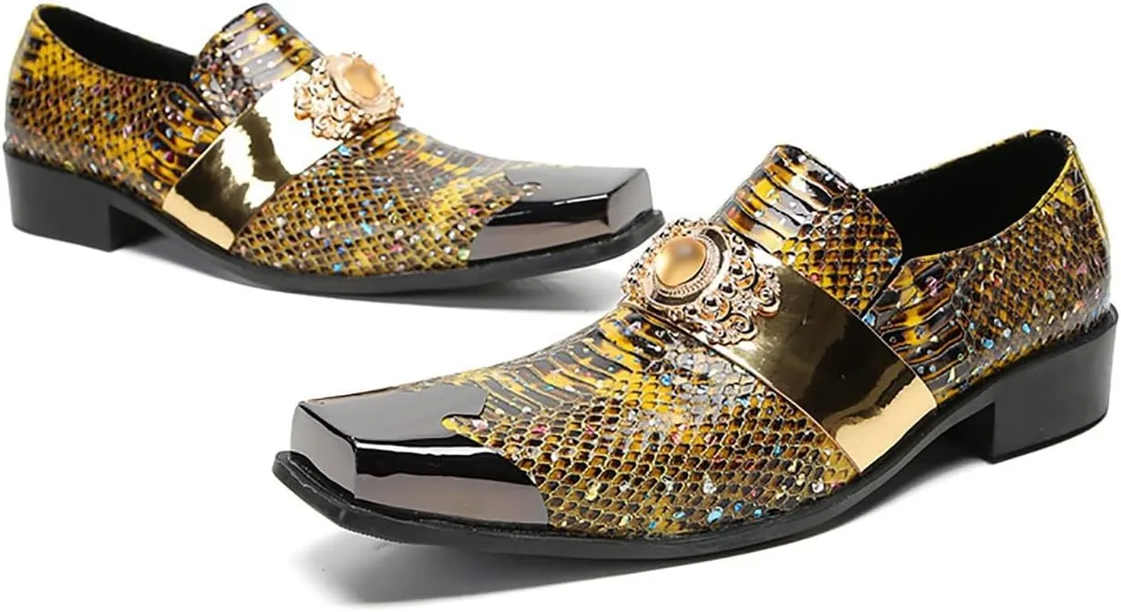 Santimon Men's Slip On Shoes Penny Loafers - Genuine Leather Dress Shoes with Yellow Gemstones & Metal-Square Toe for Wedding, Party, Disco & Bar