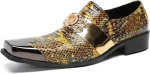 Santimon Men's Slip On Shoes Penny Loafers - Genuine Leather Dress Shoes with Yellow Gemstones & Metal-Square Toe for Wedding, Party, Disco & Bar
