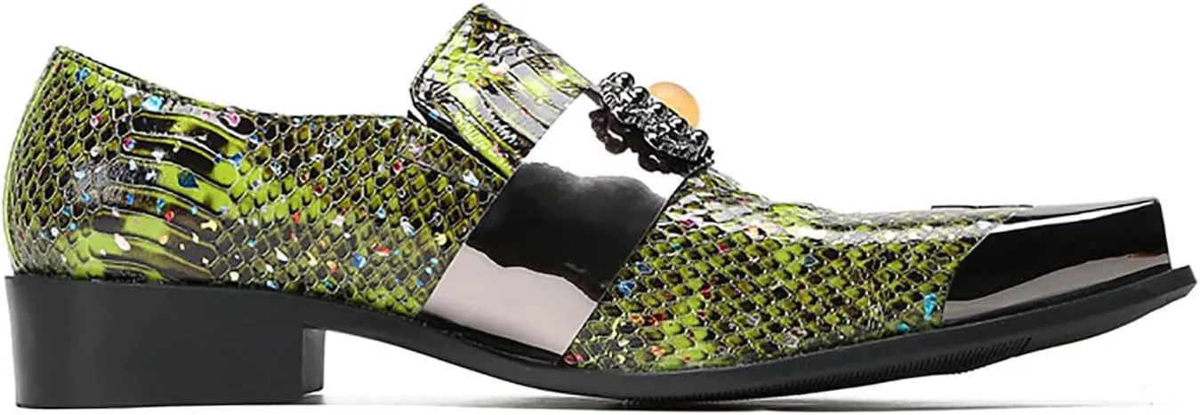 Santimon Men's Slip On Shoes Penny Loafers - Genuine Leather Dress Shoes with Yellow Gemstones & Metal-Square Toe for Wedding, Party, Disco & Bar