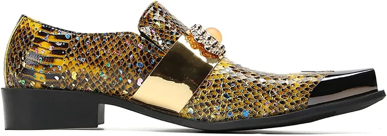 Santimon Men's Slip On Shoes Penny Loafers - Genuine Leather Dress Shoes with Yellow Gemstones & Metal-Square Toe for Wedding, Party, Disco & Bar