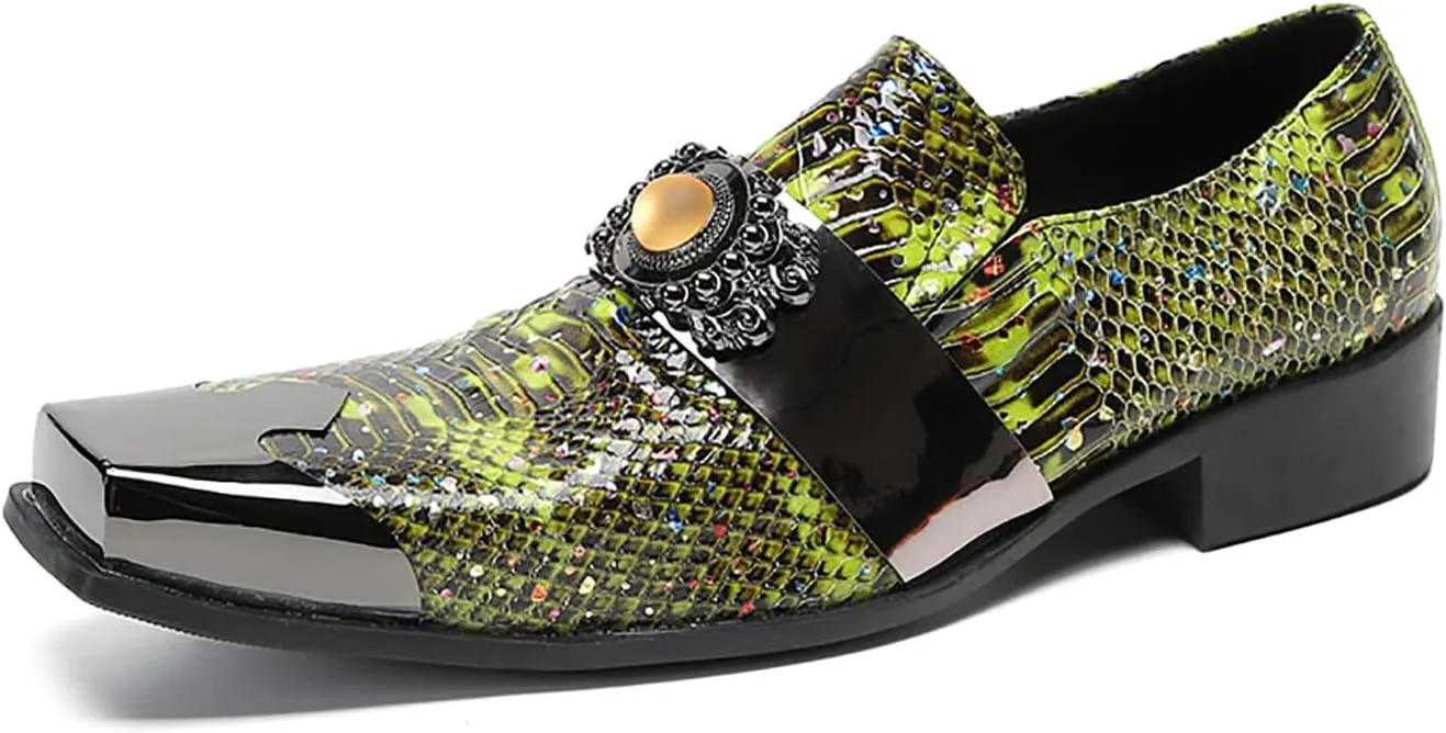 Santimon Men's Slip On Shoes Penny Loafers - Genuine Leather Dress Shoes with Yellow Gemstones & Metal-Square Toe for Wedding, Party, Disco & Bar