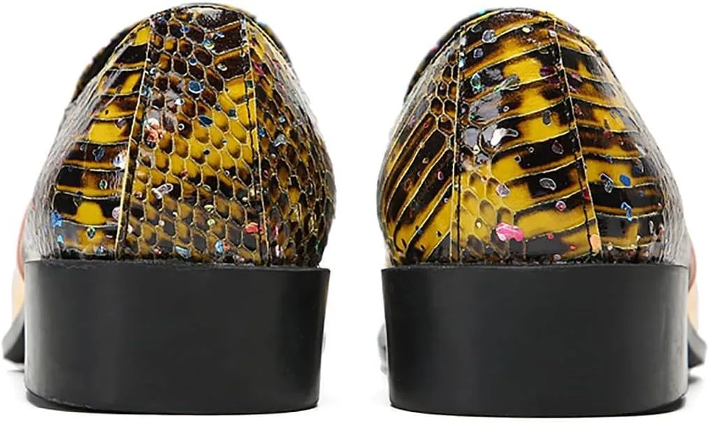 Santimon Men's Slip On Shoes Penny Loafers - Genuine Leather Dress Shoes with Yellow Gemstones & Metal-Square Toe for Wedding, Party, Disco & Bar
