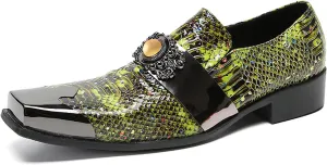 Santimon Men's Slip On Shoes Penny Loafers - Genuine Leather Dress Shoes with Yellow Gemstones & Metal-Square Toe for Wedding, Party, Disco & Bar