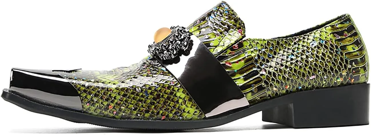 Santimon Men's Slip On Shoes Penny Loafers - Genuine Leather Dress Shoes with Yellow Gemstones & Metal-Square Toe for Wedding, Party, Disco & Bar