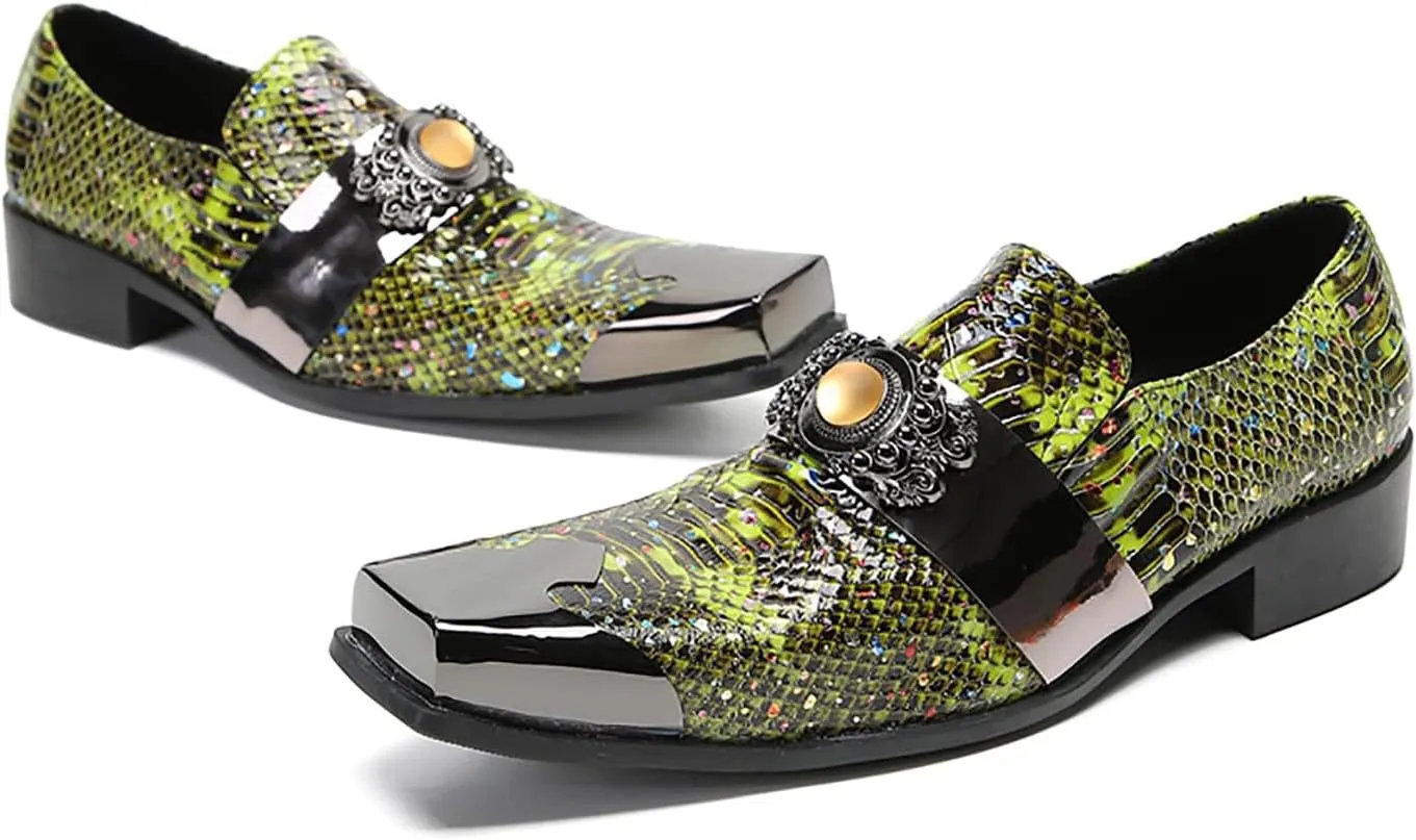 Santimon Men's Slip On Shoes Penny Loafers - Genuine Leather Dress Shoes with Yellow Gemstones & Metal-Square Toe for Wedding, Party, Disco & Bar