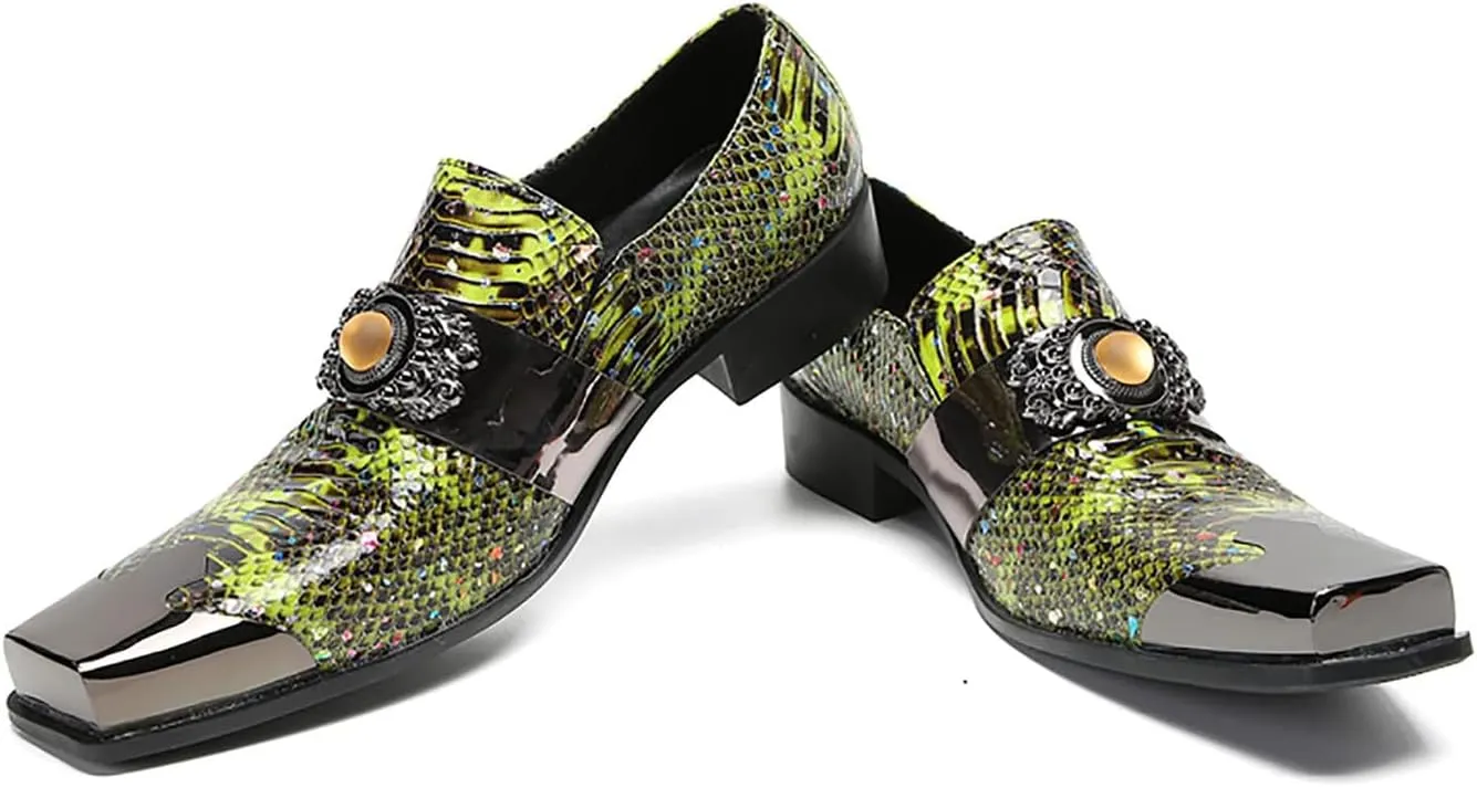 Santimon Men's Slip On Shoes Penny Loafers - Genuine Leather Dress Shoes with Yellow Gemstones & Metal-Square Toe for Wedding, Party, Disco & Bar