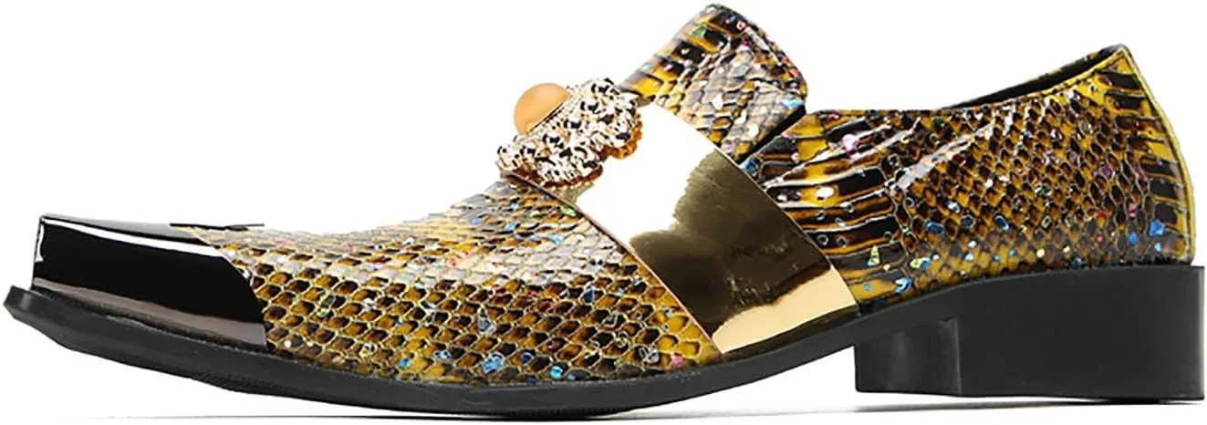 Santimon Men's Slip On Shoes Penny Loafers - Genuine Leather Dress Shoes with Yellow Gemstones & Metal-Square Toe for Wedding, Party, Disco & Bar