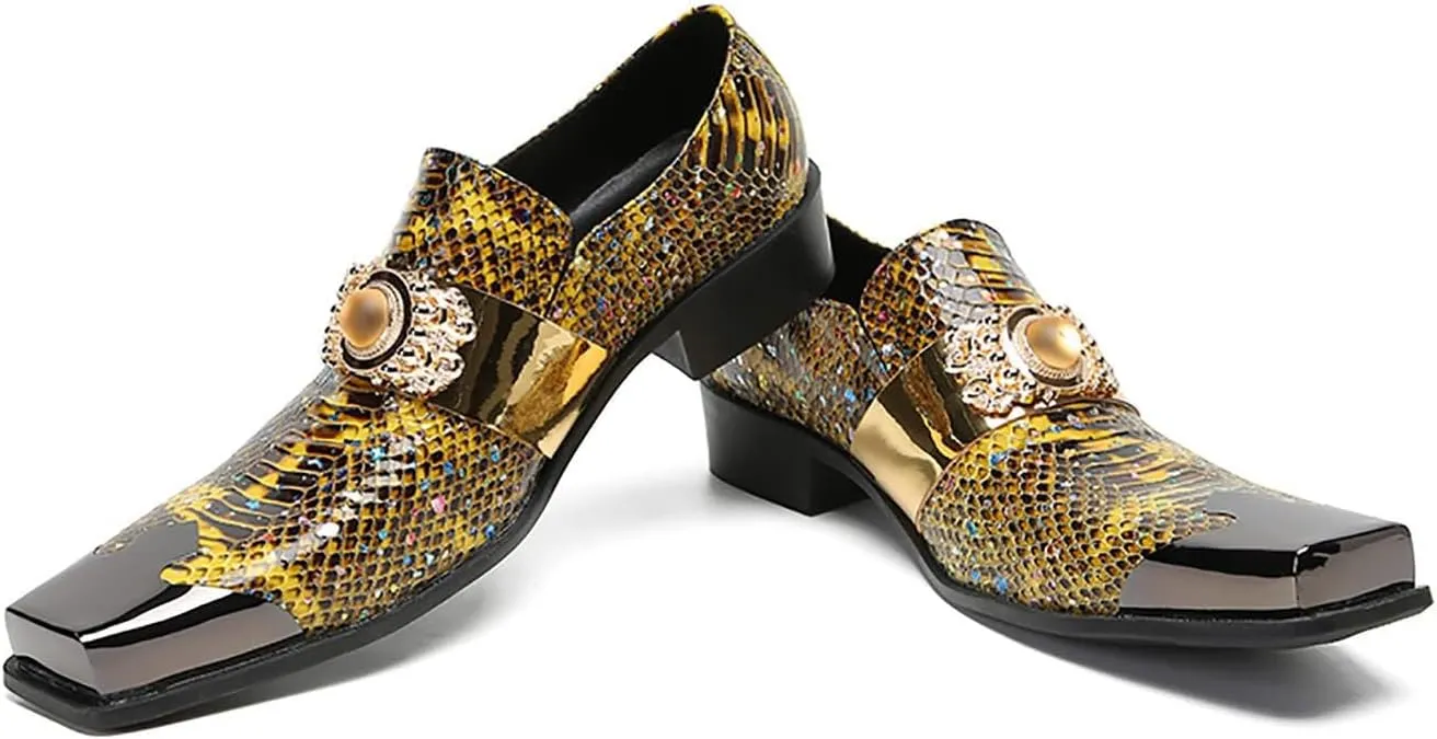 Santimon Men's Slip On Shoes Penny Loafers - Genuine Leather Dress Shoes with Yellow Gemstones & Metal-Square Toe for Wedding, Party, Disco & Bar