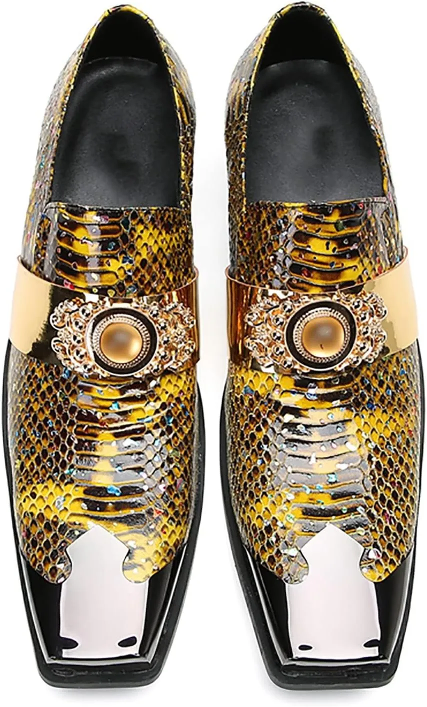 Santimon Men's Slip On Shoes Penny Loafers - Genuine Leather Dress Shoes with Yellow Gemstones & Metal-Square Toe for Wedding, Party, Disco & Bar