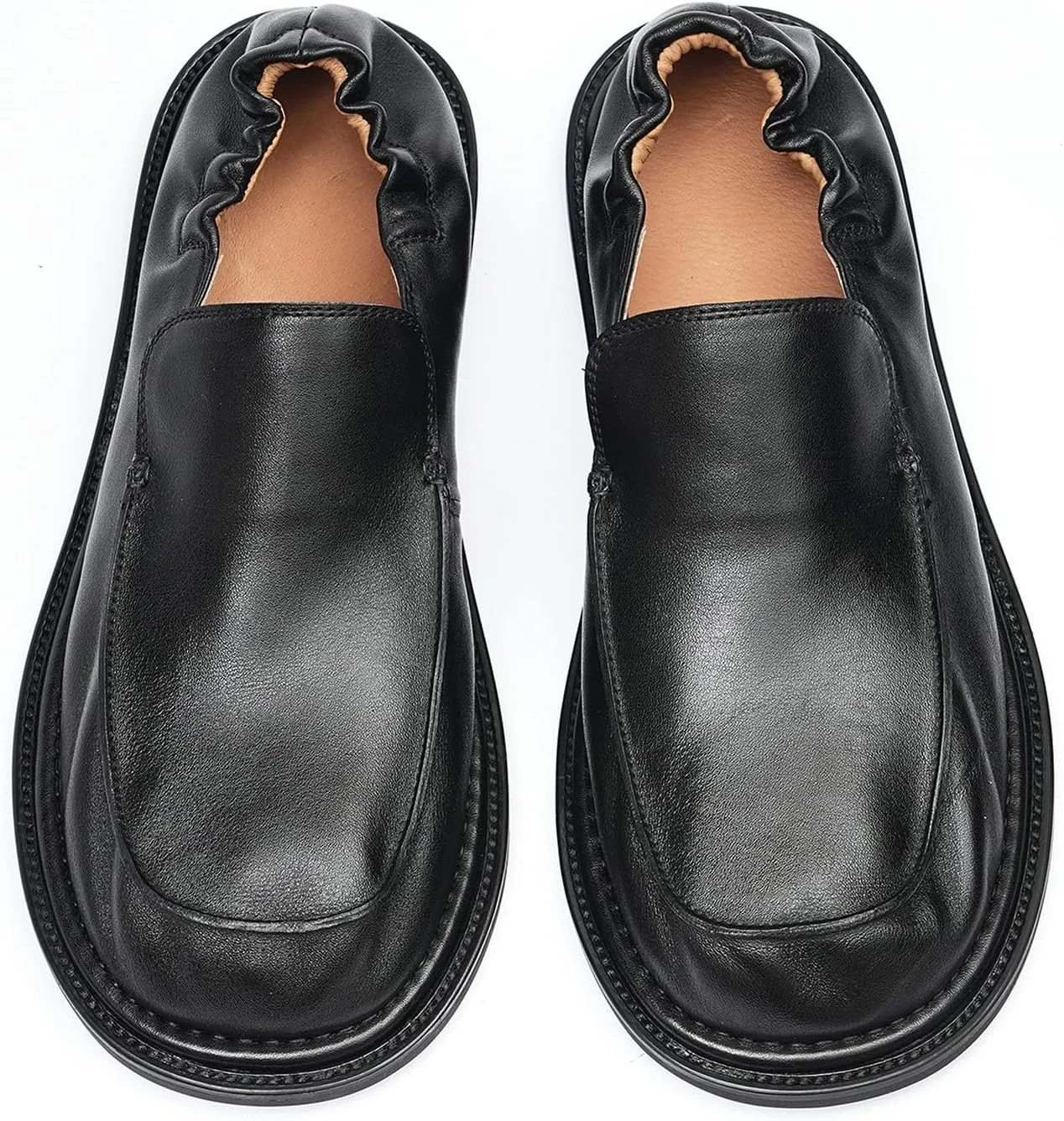 Santimon Men??s Soft Leather Slip-On Loafers ?C Elastic Back Ultra-Flexible Dress Shoes, Lightweight Business Casual Moc Shoes for Travel, Work & Daily Comfort