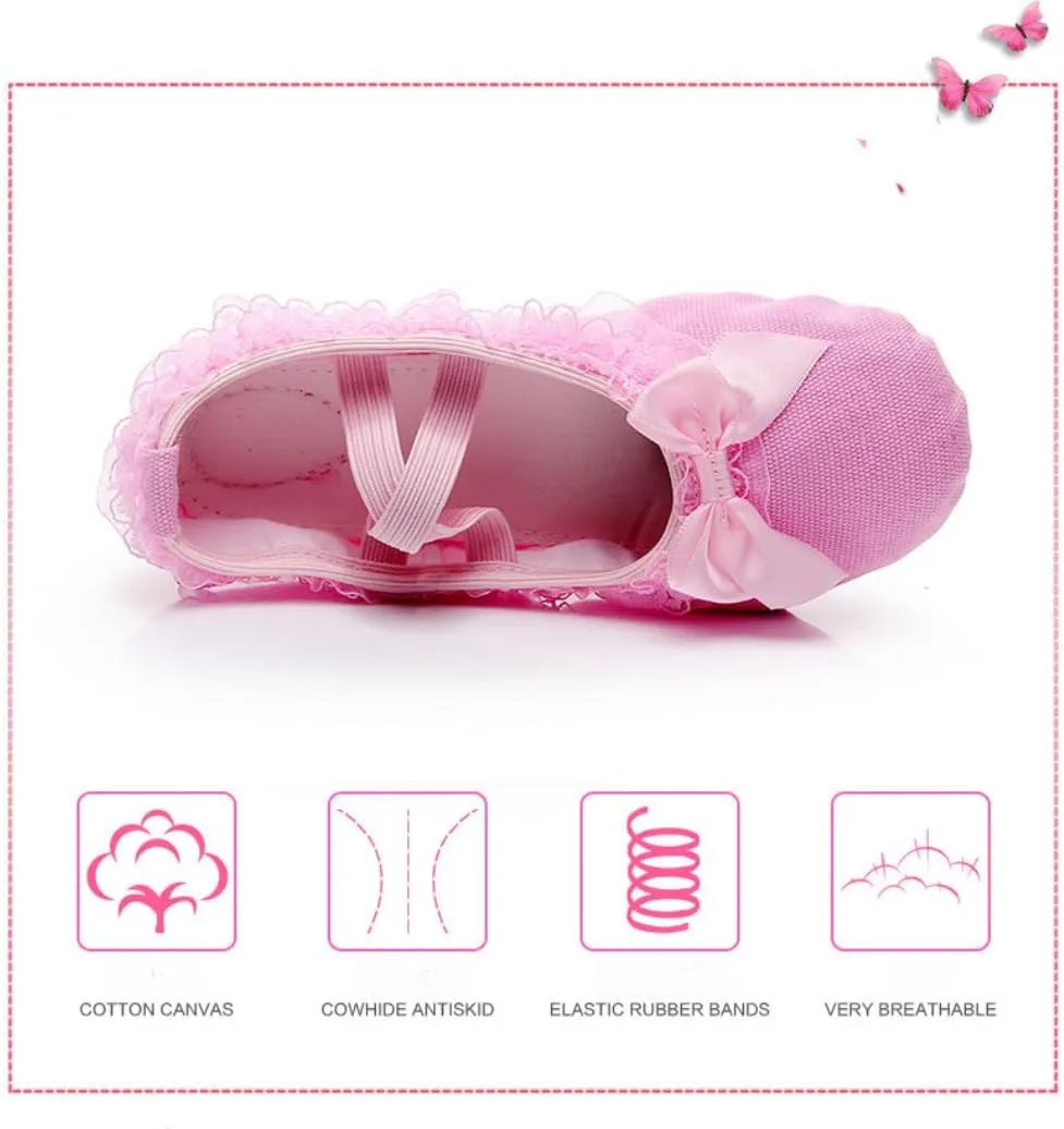 Soft Soled Dance Shoes - Bow Tie Lace Canvas Ballet Shoes & Ballet Flats for Girls Perfect for Toddler/Little Kid/Big Kid