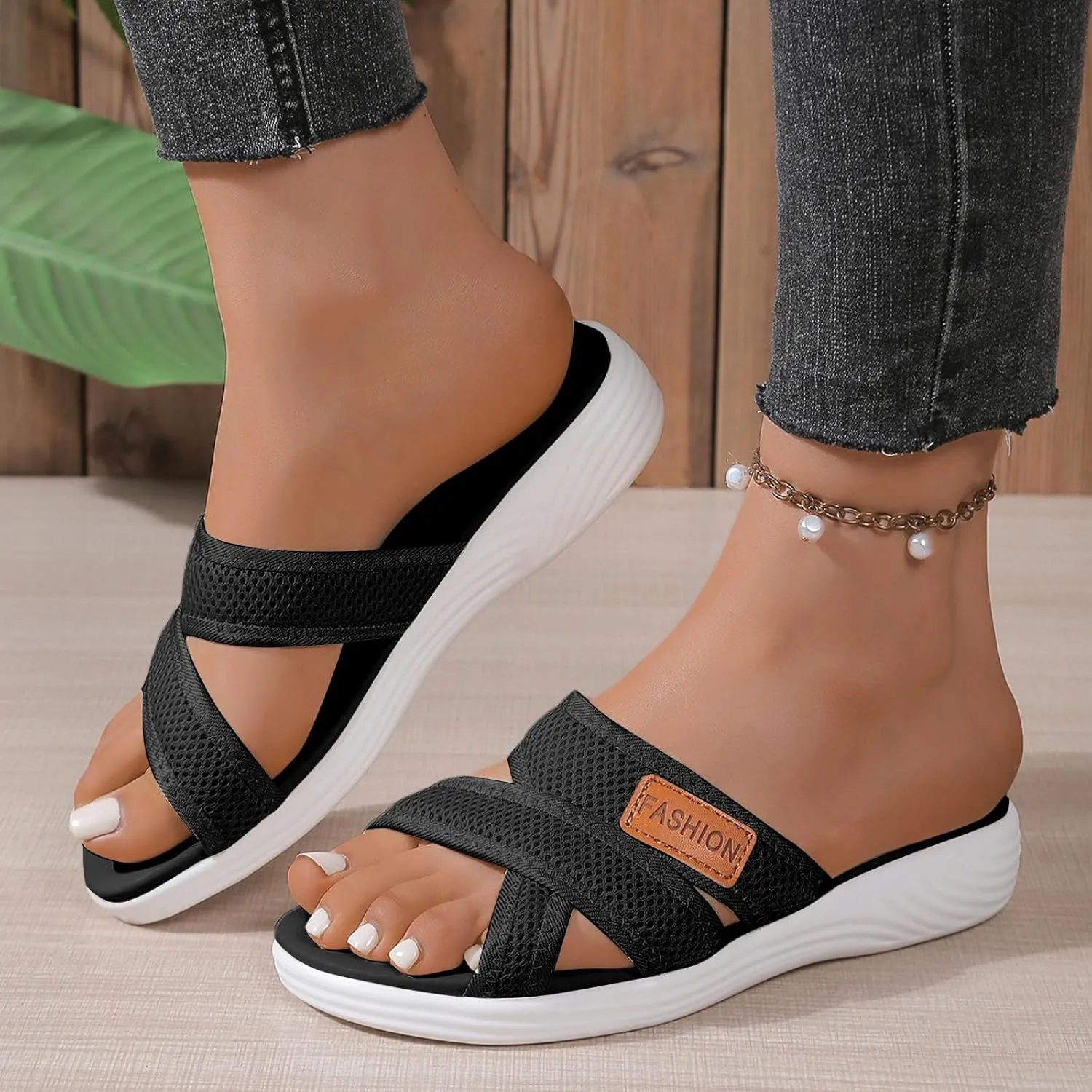 Summer Sandals For Women 2025,Women's Slide Sandals,Comfortable Trendy Beach Breathable Hollow Mesh Casual Orthopedic Comfy Low Heel Plantar Fasciitis Bunion Walking Sandal for Daily Wear