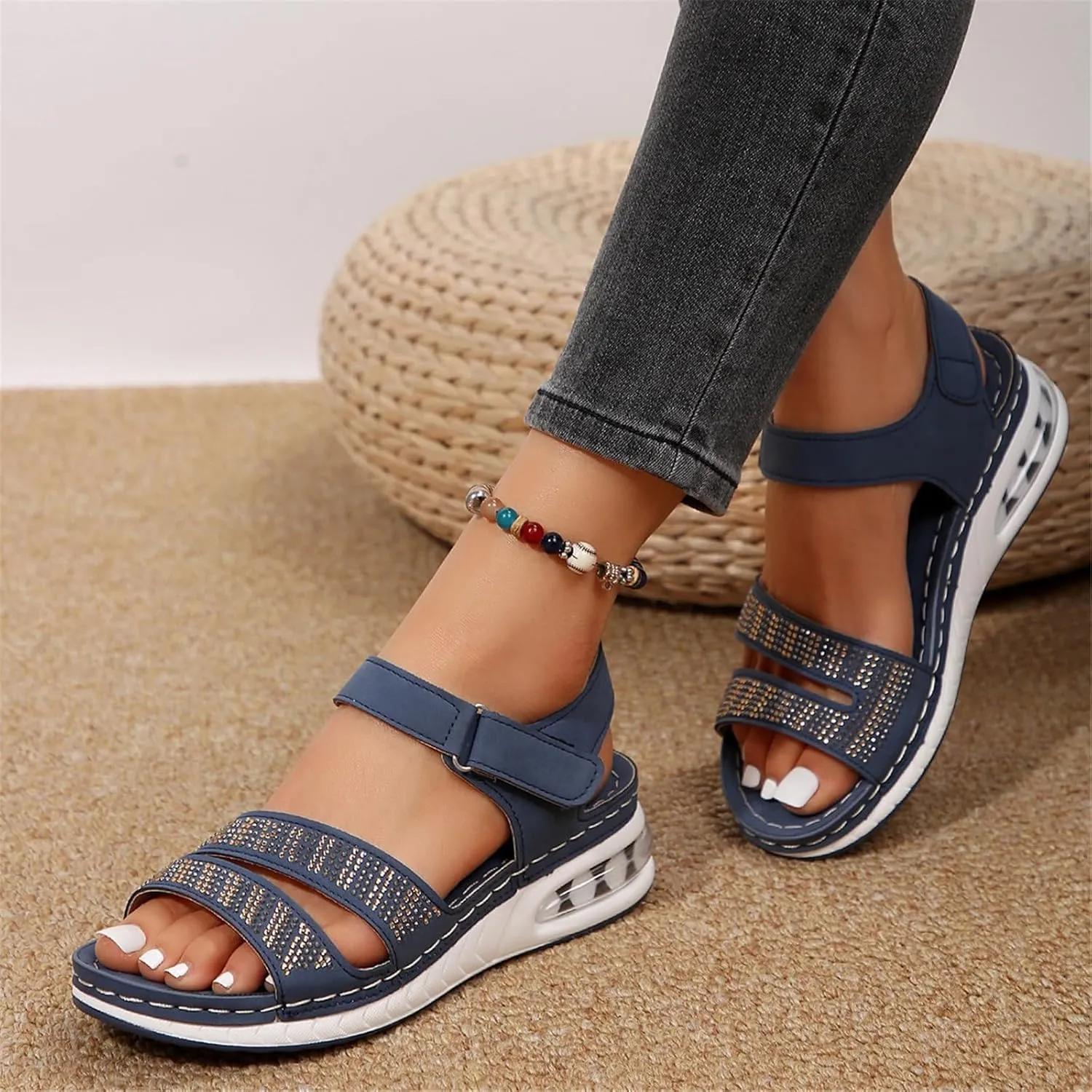 Summer Wedge Sandals for Women Dressy Casual Orthopedic Non Slip Sandals Fashion Rhinestone Bling Comfortable Walking Sandal for Summer and Daily Wear
