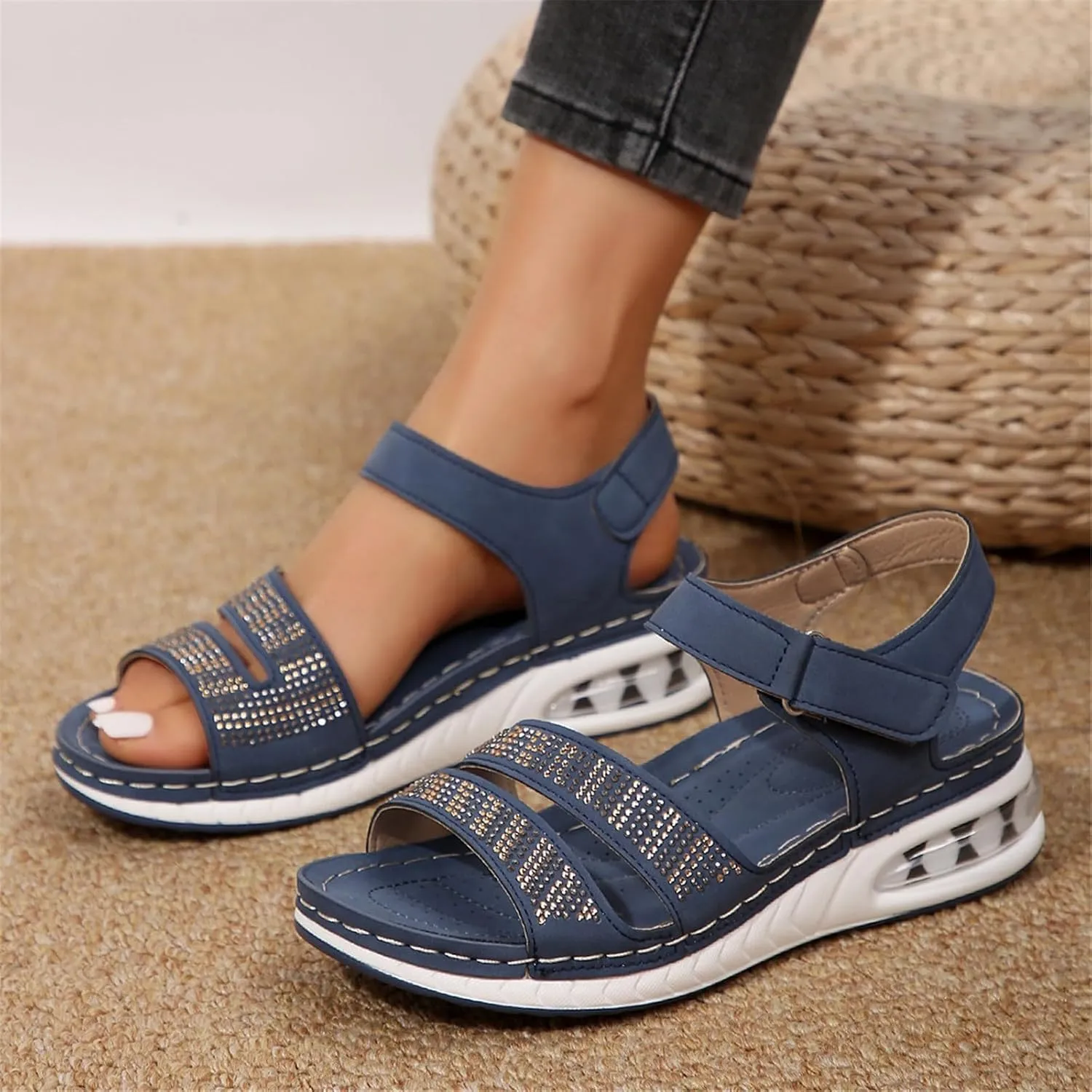 Summer Wedge Sandals for Women Dressy Casual Orthopedic Non Slip Sandals Fashion Rhinestone Bling Comfortable Walking Sandal for Summer and Daily Wear