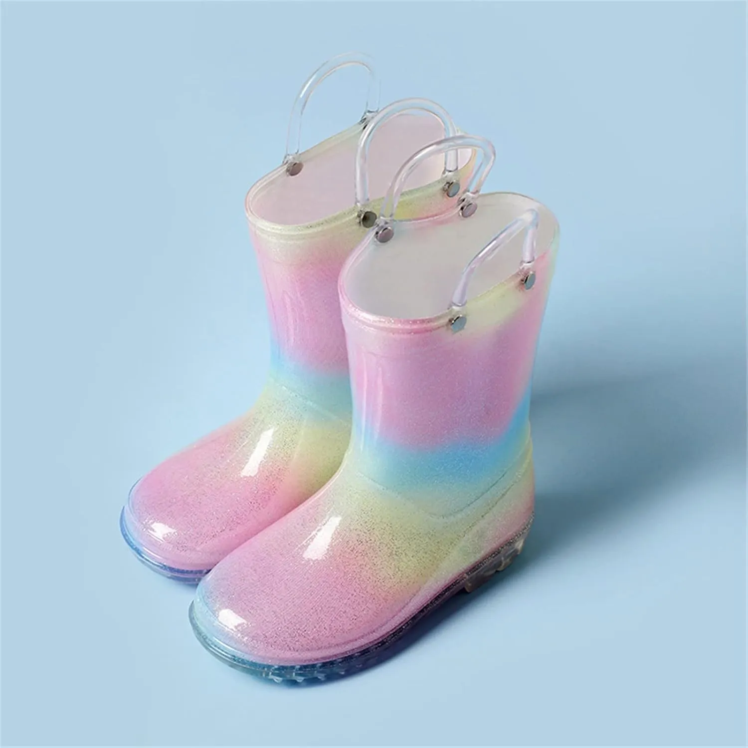 Toddler Glitter Rain Boots with Handles Outdoors, Kids Rainbow Rain Boots Waterproof Rubber Boots for Baby Boys' Shoes