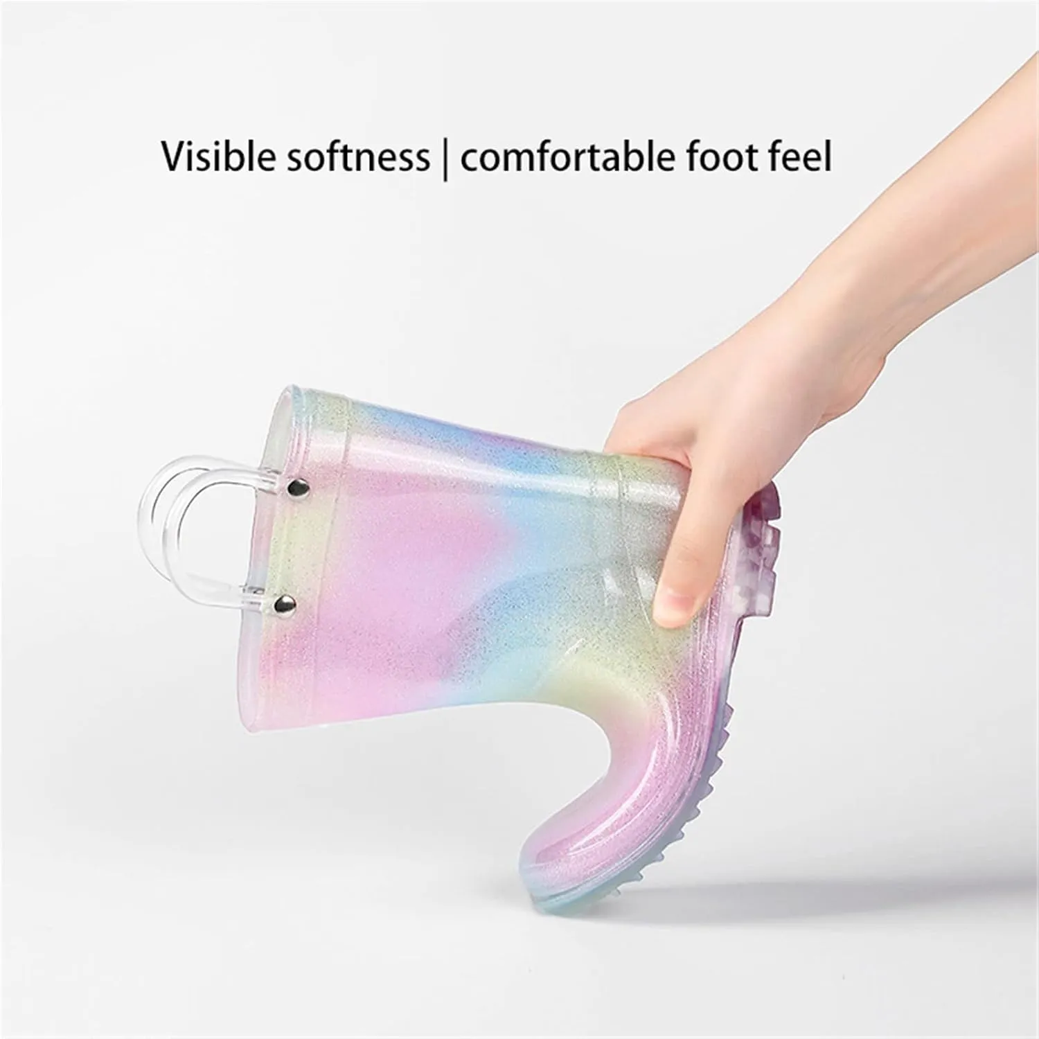 Toddler Glitter Rain Boots with Handles Outdoors, Kids Rainbow Rain Boots Waterproof Rubber Boots for Baby Boys' Shoes
