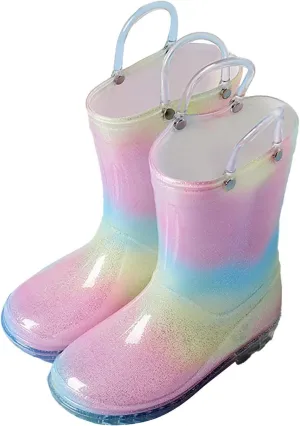 Toddler Glitter Rain Boots with Handles Outdoors, Kids Rainbow Rain Boots Waterproof Rubber Boots for Baby Boys' Shoes