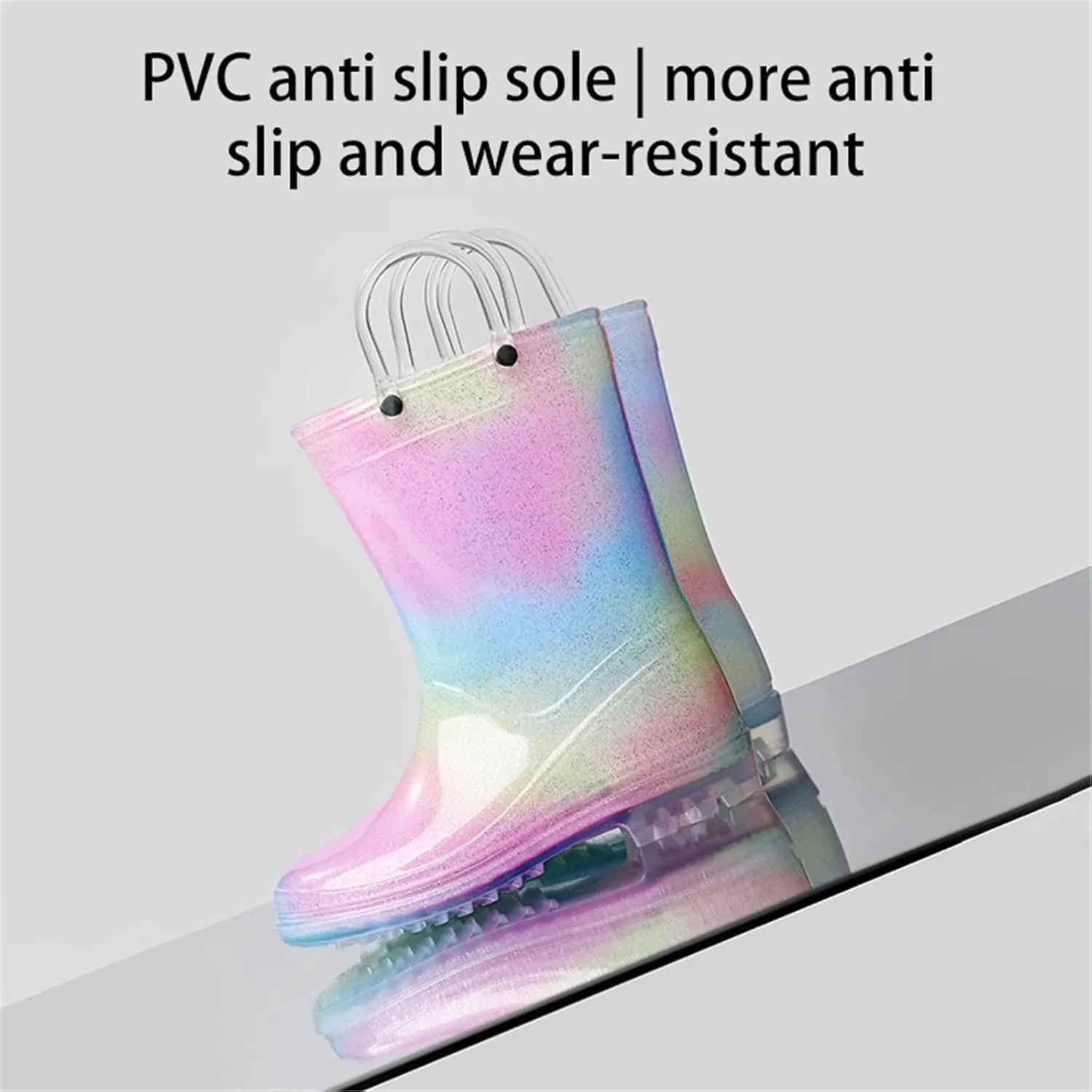 Toddler Glitter Rain Boots with Handles Outdoors, Kids Rainbow Rain Boots Waterproof Rubber Boots for Baby Boys' Shoes