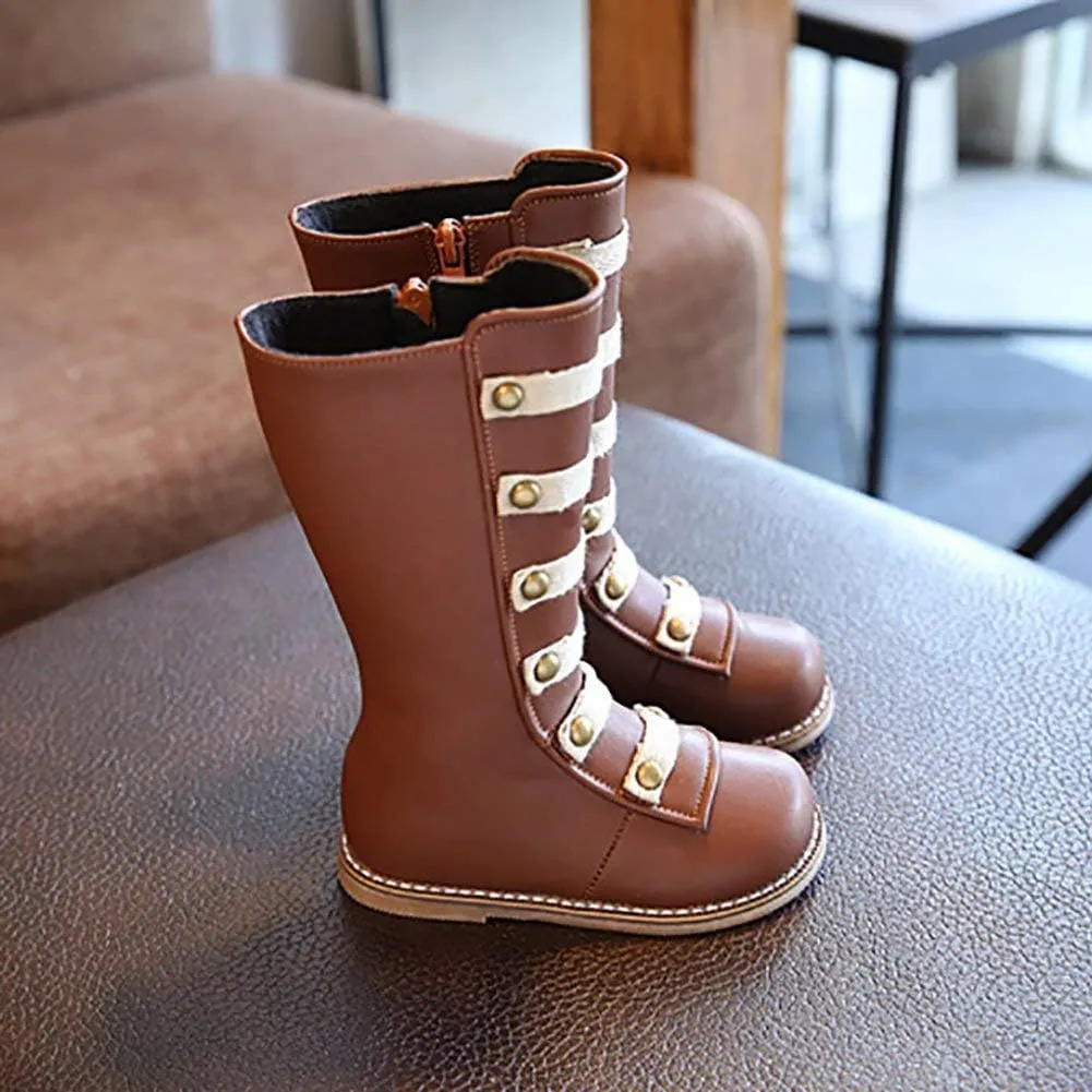 Toddler Little Girls Knee High Fashion Flat Riding Boots Shoes Leather Zipper Winter Boots