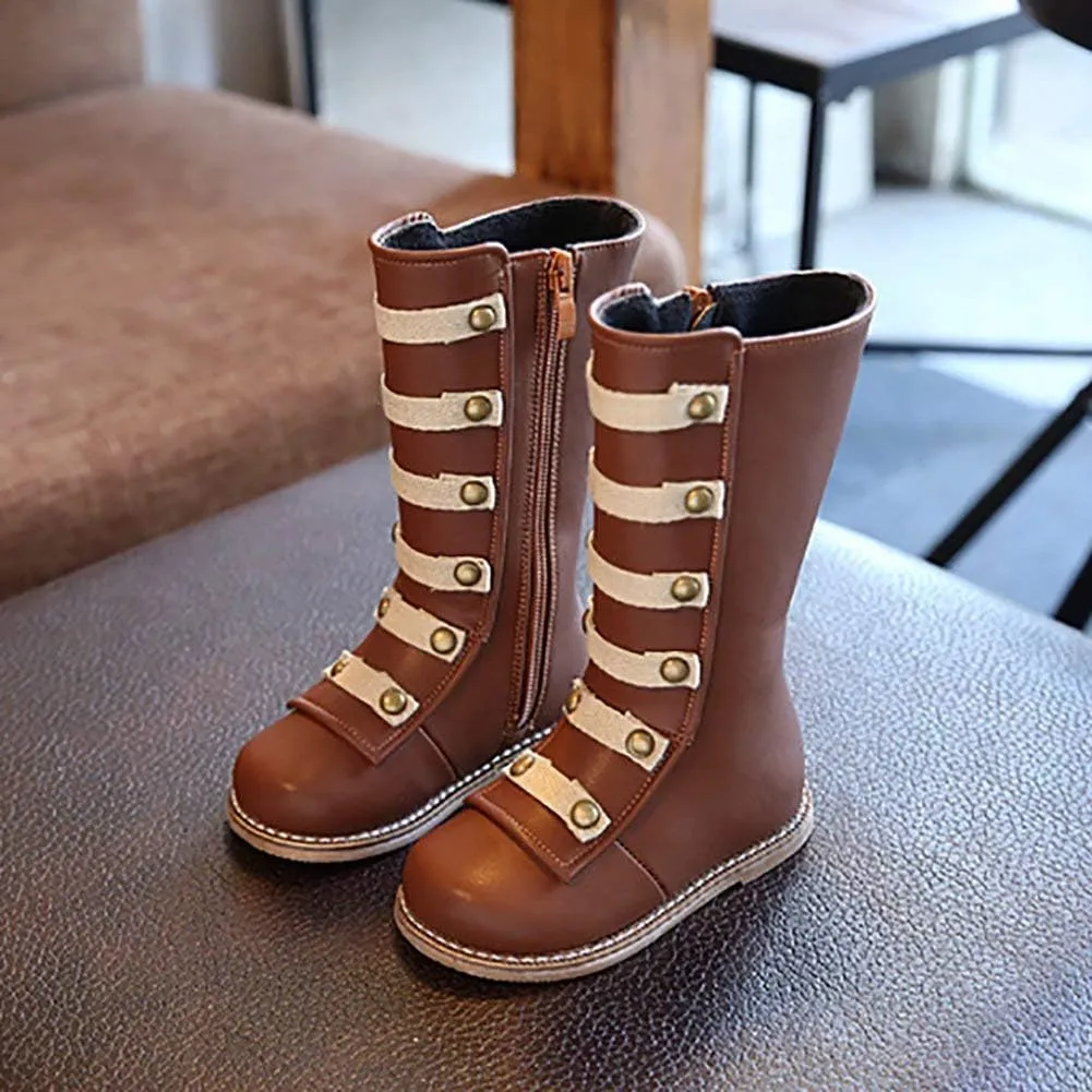 Toddler Little Girls Knee High Fashion Flat Riding Boots Shoes Leather Zipper Winter Boots