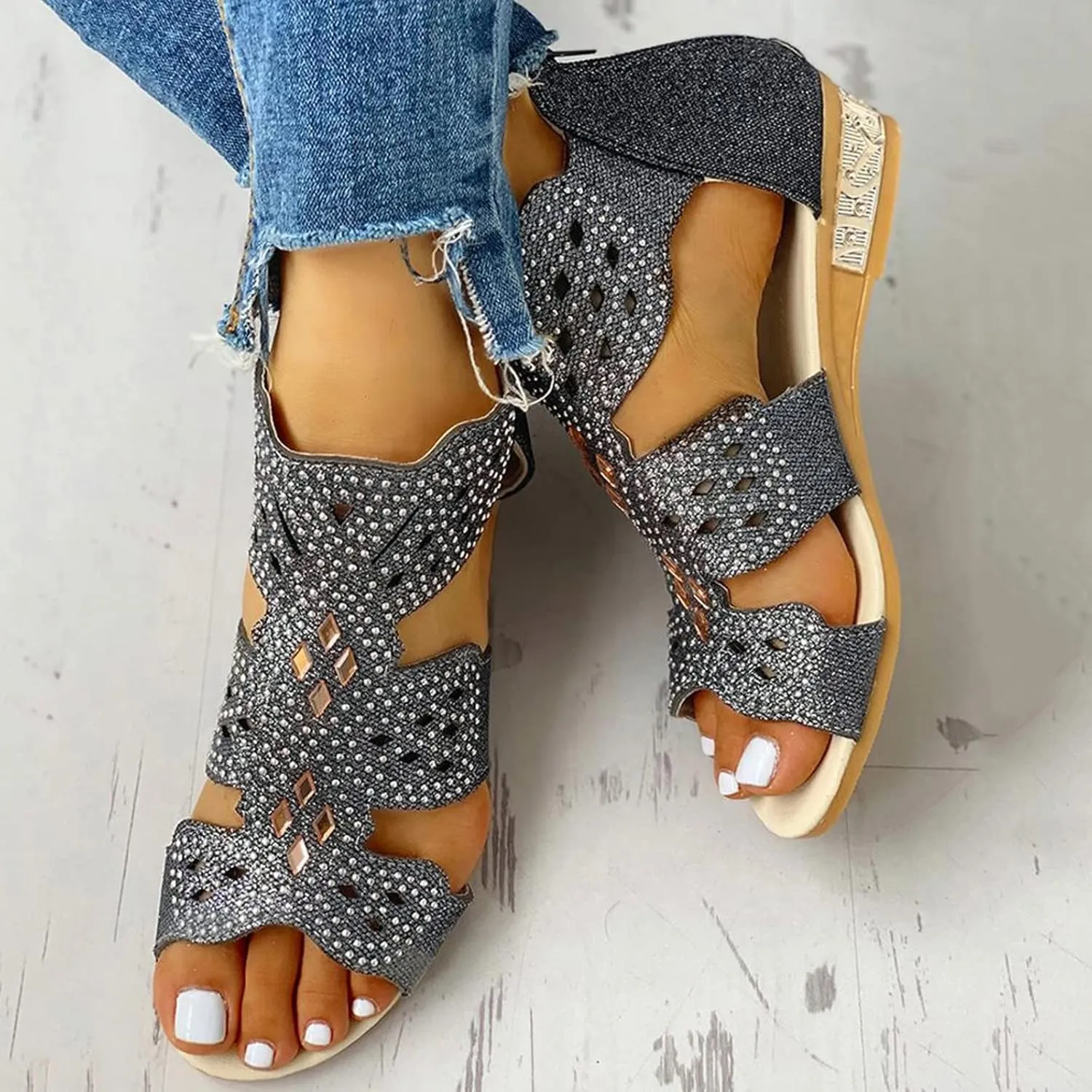 Wedge Sandals for Women Dressy Summer,Women Open Toe Sandal Hollow Out Gladiator Sandals High Top Ankle Zipper
