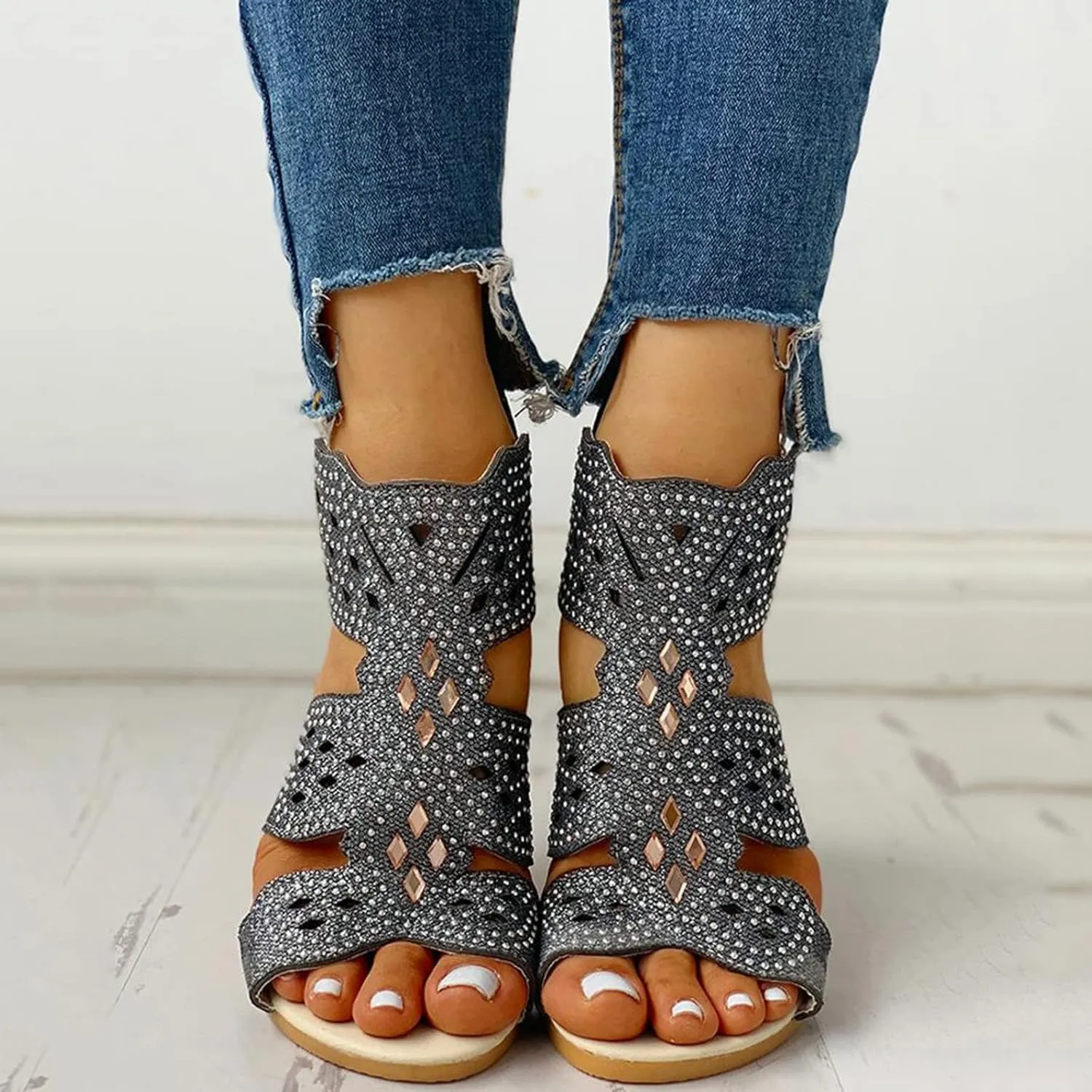 Wedge Sandals for Women Dressy Summer,Women Open Toe Sandal Hollow Out Gladiator Sandals High Top Ankle Zipper