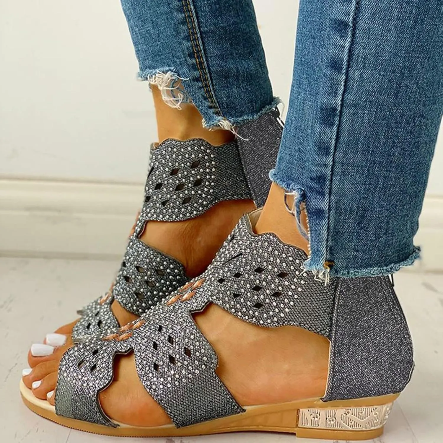 Wedge Sandals for Women Dressy Summer,Women Open Toe Sandal Hollow Out Gladiator Sandals High Top Ankle Zipper