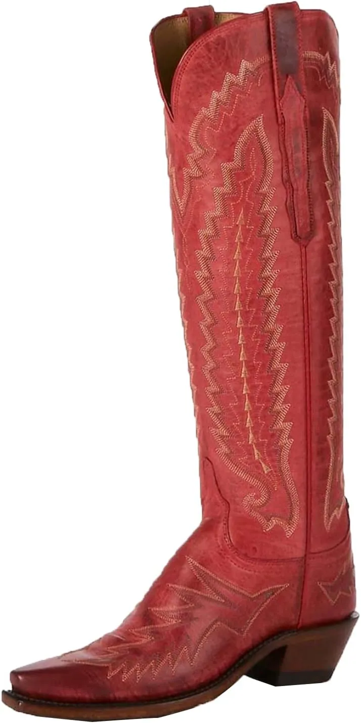 Western Boots Women, Knee High Cowboy Boots for Women Wide Calf Pointed Toe and Low Chunky Heel Cowgirl Boot with Classic Embroidered