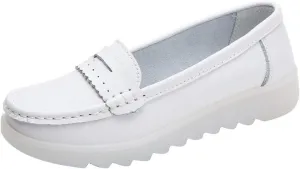 White Women's Nursing Shoes, Womens Comfortable Slip-on Breathable Round Toe Nursing Shoes, Casual Non-Slip Leather Wide Fit Air Cushion Orthopedic Shoes, for Medical Workers