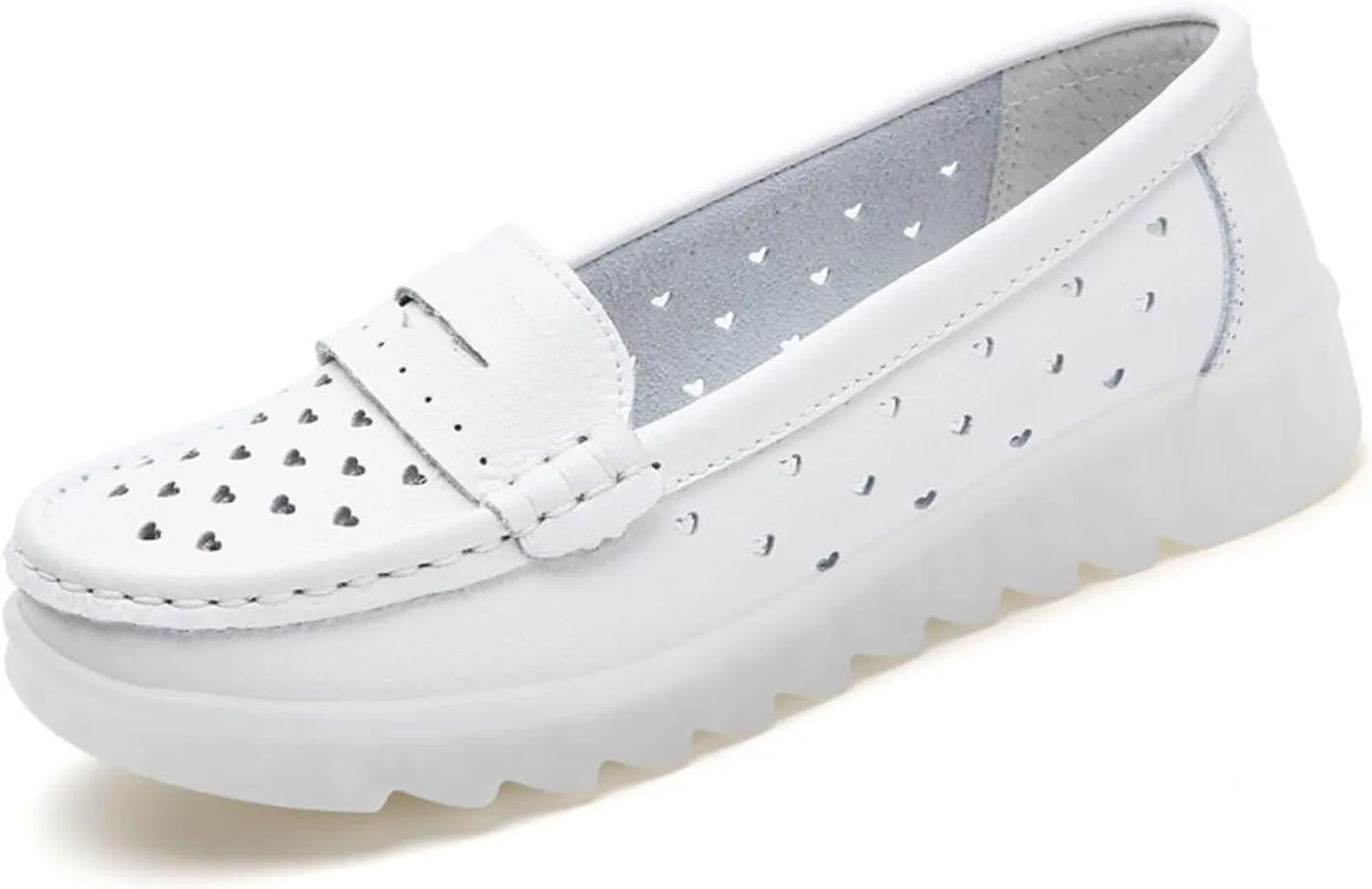 White Women's Nursing Shoes, Womens Comfortable Slip-on Breathable Round Toe Nursing Shoes, Casual Non-Slip Leather Wide Fit Air Cushion Orthopedic Shoes, for Medical Workers