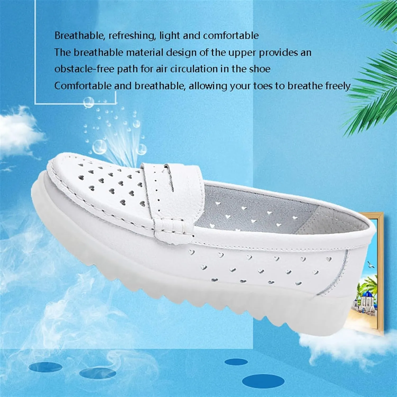 White Women's Nursing Shoes, Womens Comfortable Slip-on Breathable Round Toe Nursing Shoes, Casual Non-Slip Leather Wide Fit Air Cushion Orthopedic Shoes, for Medical Workers