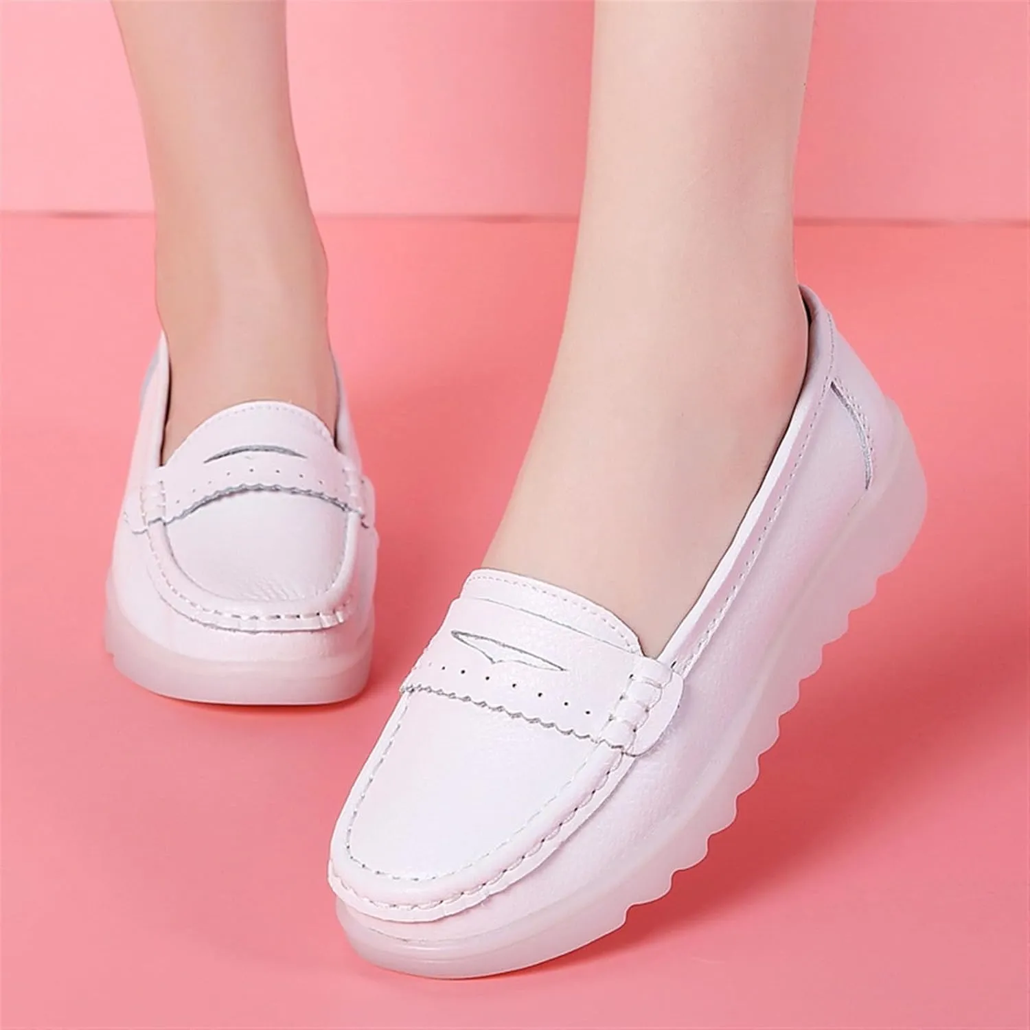 White Women's Nursing Shoes, Womens Comfortable Slip-on Breathable Round Toe Nursing Shoes, Casual Non-Slip Leather Wide Fit Air Cushion Orthopedic Shoes, for Medical Workers