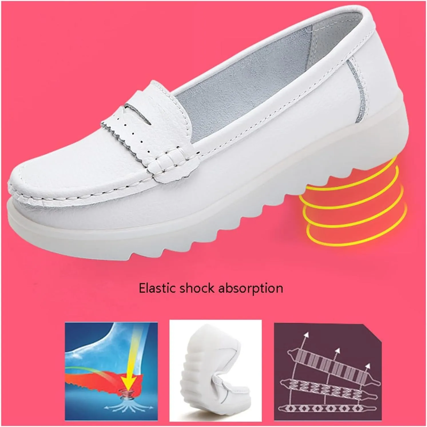 White Women's Nursing Shoes, Womens Comfortable Slip-on Breathable Round Toe Nursing Shoes, Casual Non-Slip Leather Wide Fit Air Cushion Orthopedic Shoes, for Medical Workers