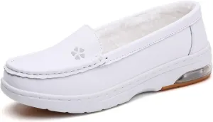 White Women's Nursing Shoes, Womens Plus Size Winter Fleece Slip-On Comfy Air Leather Nursing Shoes, Lightweight Platform Orthopedic Sneakers, for Medical Care