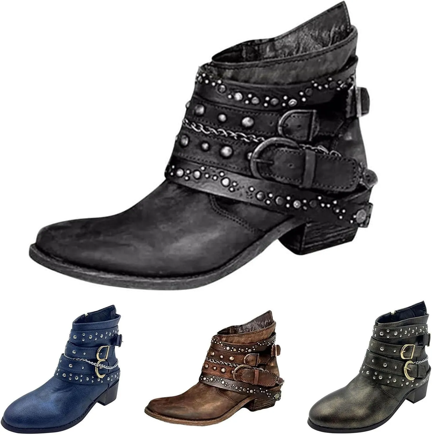 Winter Boots for Women Ankle Black Flat Booties Boho Boots for Women Womens Work Boot Solid Color Comfy Casual Lug Sole Low Heel Chelsea Fashion