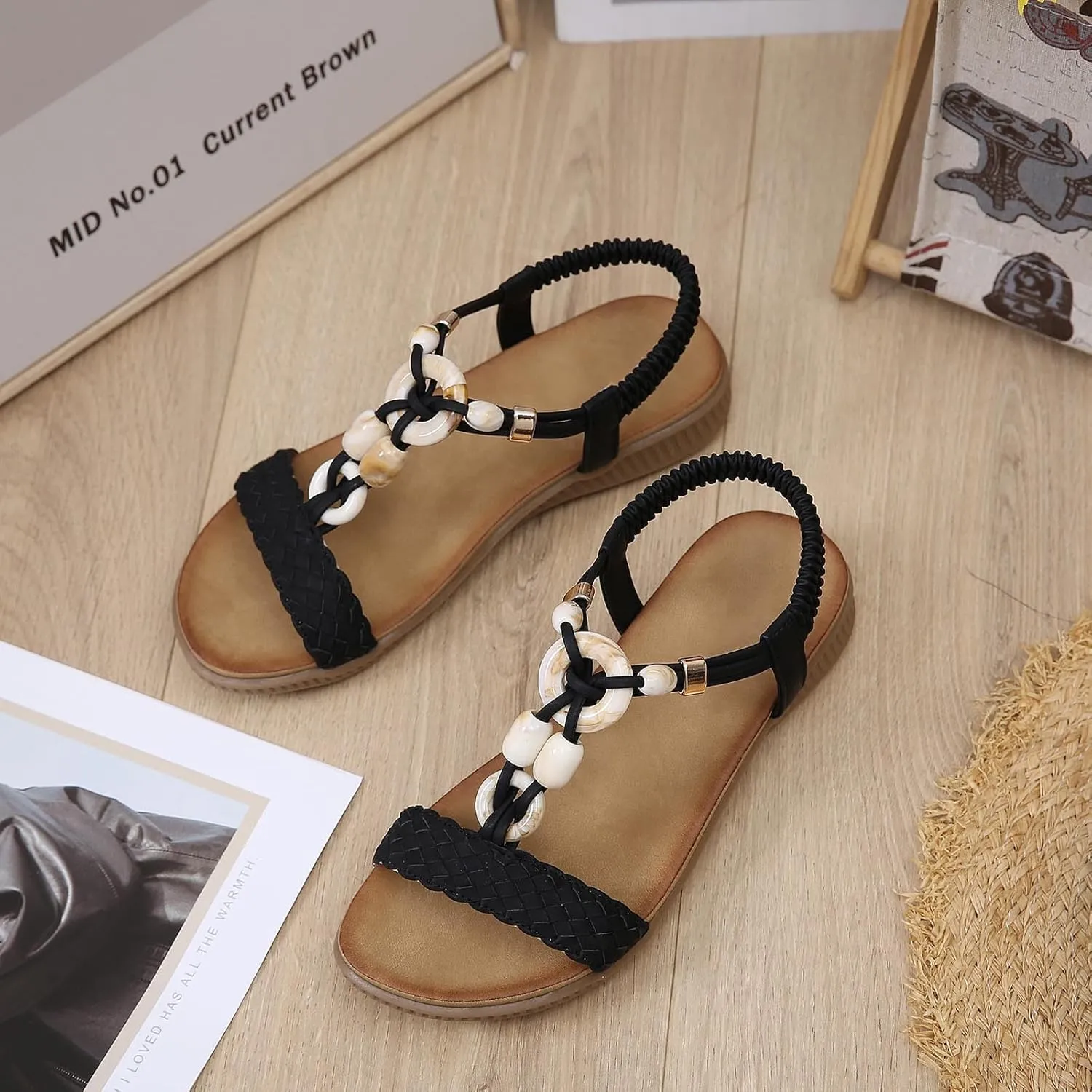 Women Sandals Arch Support Sandals Bohemian Braided Flat Sandals Comfort Walking Beach Shoes Summer Beach Sandal
