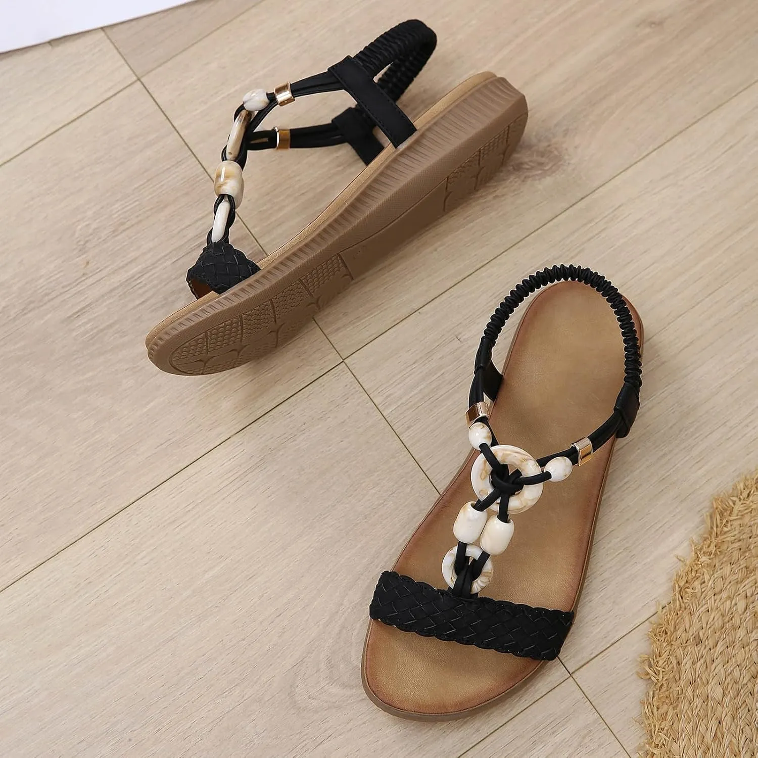 Women Sandals Arch Support Sandals Bohemian Braided Flat Sandals Comfort Walking Beach Shoes Summer Beach Sandal